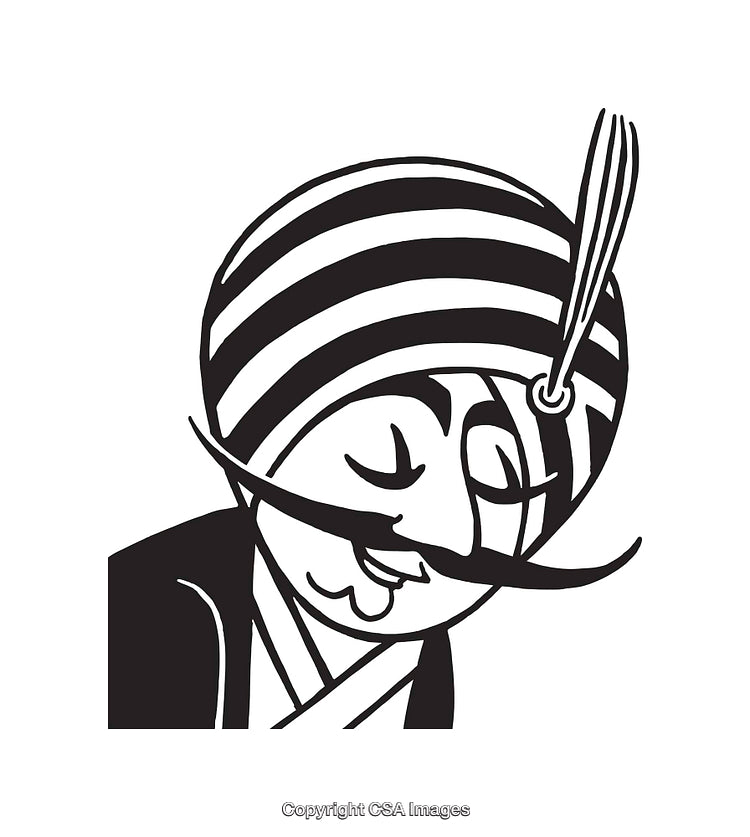Stylized Black and White Illustration of a Man Wearing a Turban