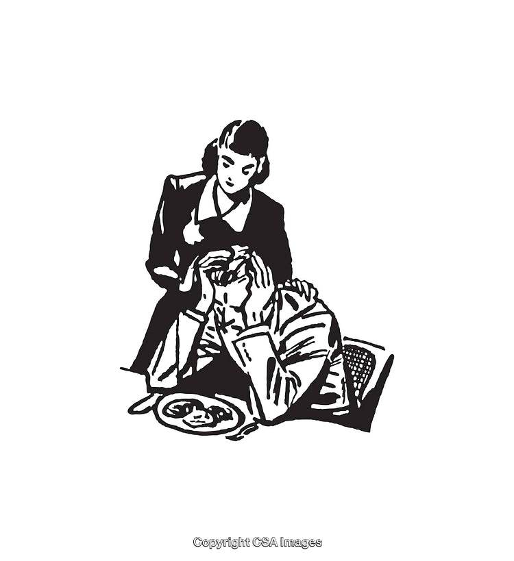 Vintage Black and White Illustration of Concerned Woman Assisting Distressed Man