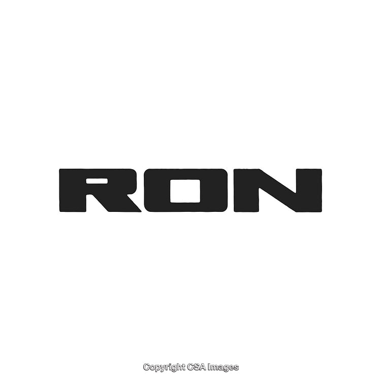 Simple Black and White Text Reading 'RON' On White Background