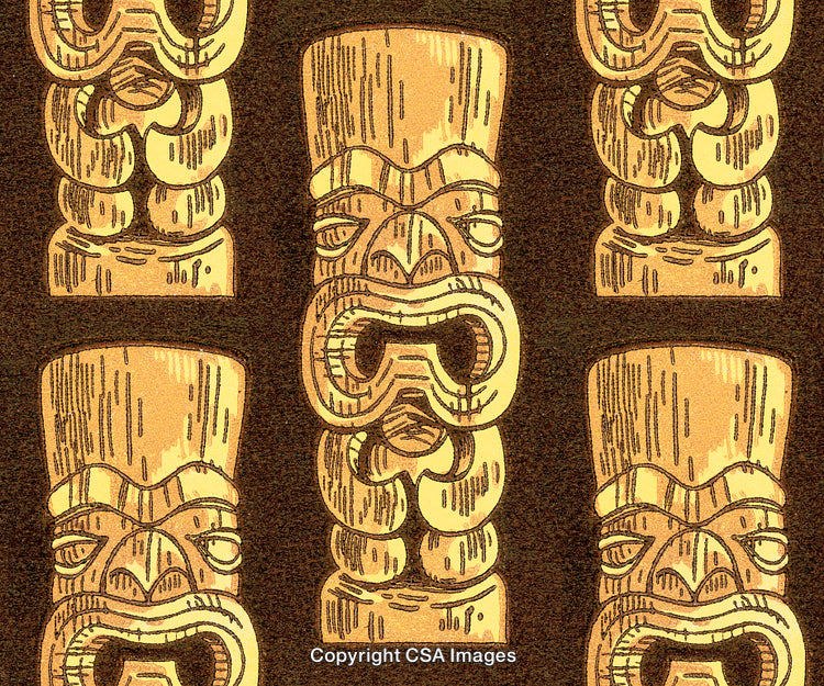 Traditional Polynesian Tiki Carvings Repeating Pattern in Earth Tones