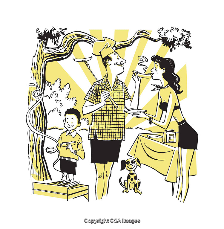 Family Enjoying Outdoor Barbecue with Pets and Nature in Stylish Illustration