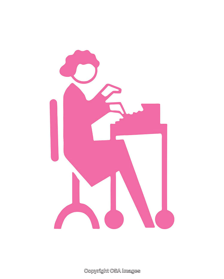 Simple Pink Icon of Person Typing at Desk on Modern Chair