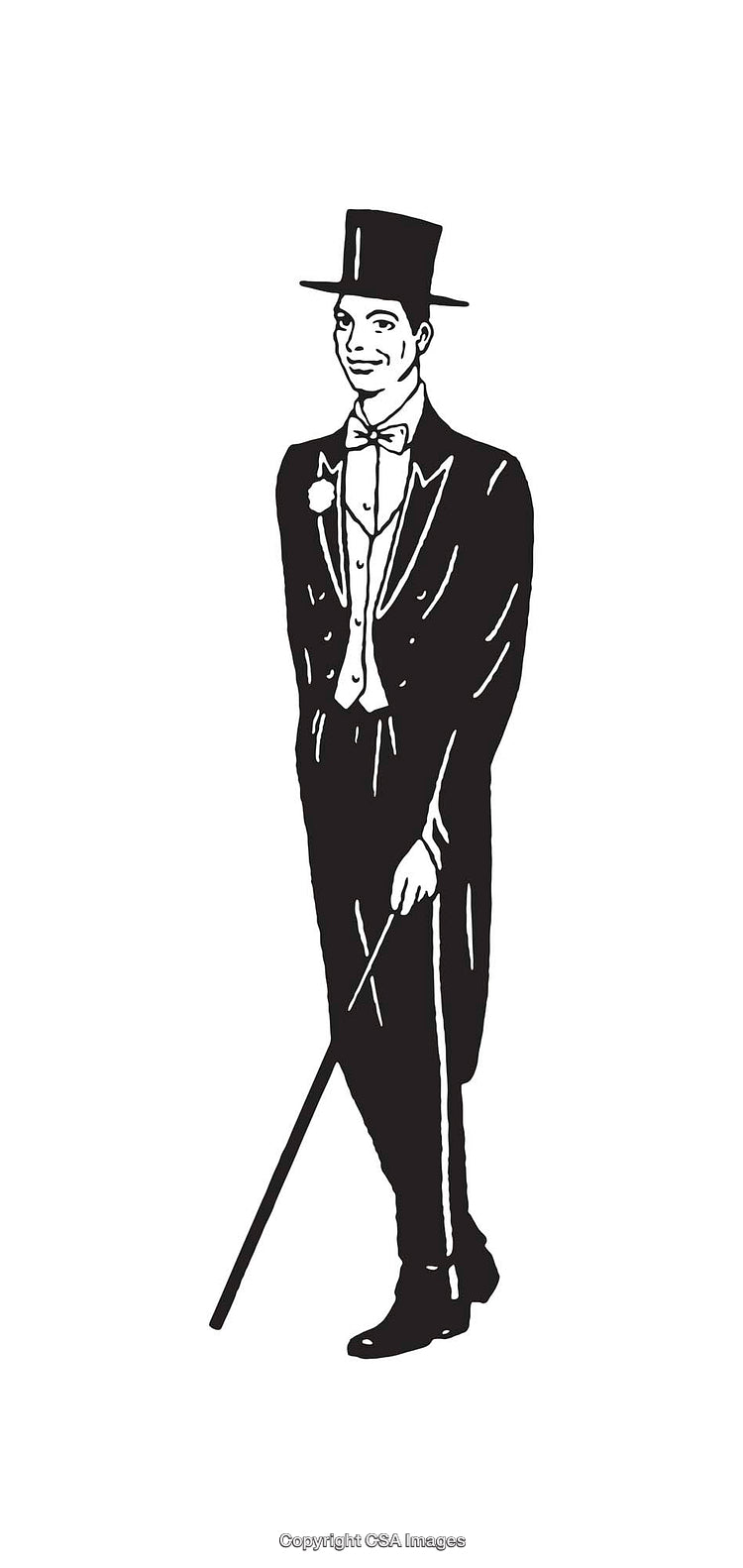Elegant Gentleman in Top Hat and Tails with Cane - Line Art Illustration