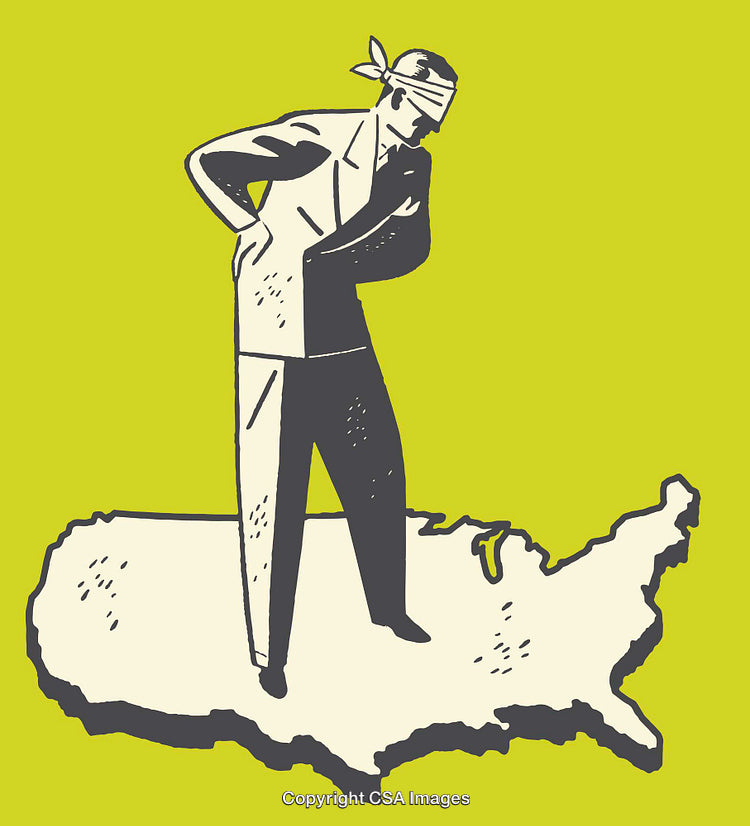 Blindfolded Man Standing on United States Map Contemplates Direction