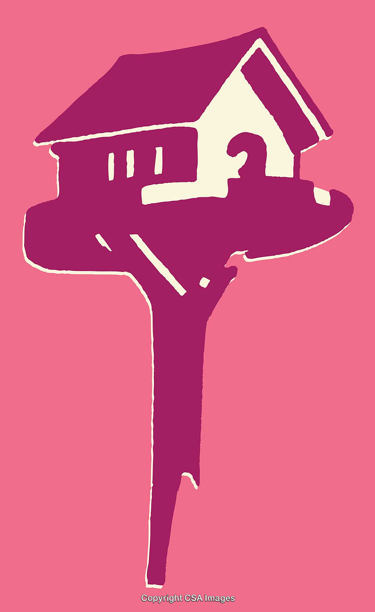 Minimalistic Line Art Illustration of a House on a Tree Platform