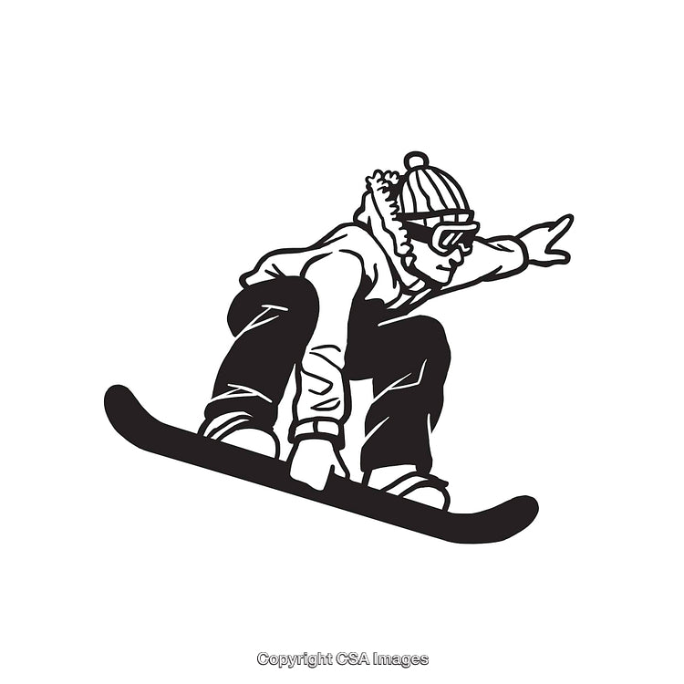Snowboarder Performing Jump in Black and White Line Art Illustration