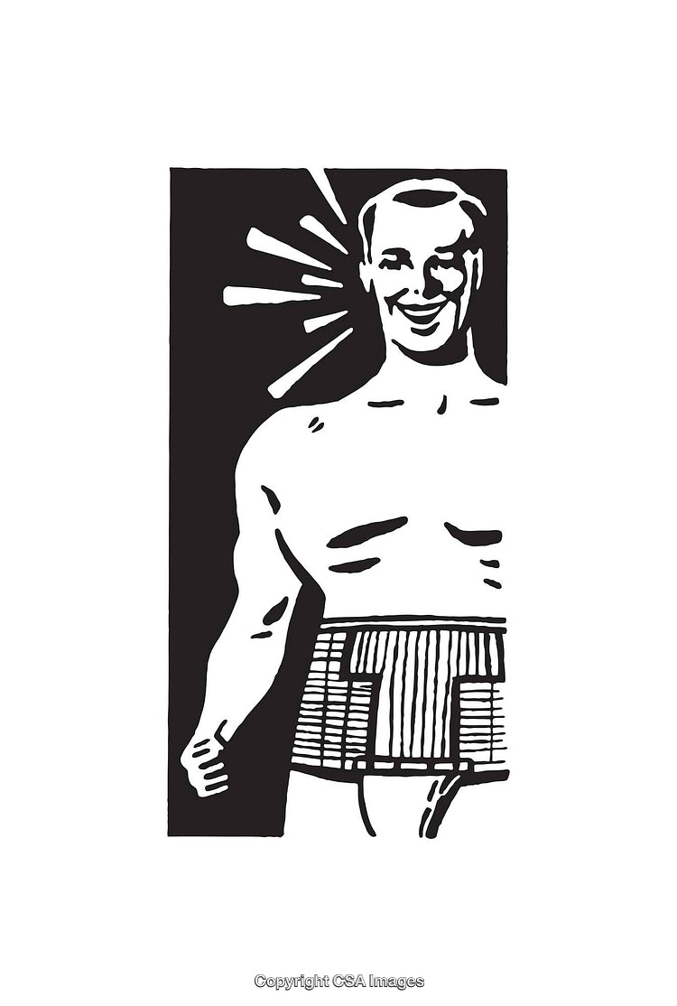 Retro Black and White Illustration of a Smiling Man with Geometrical Details