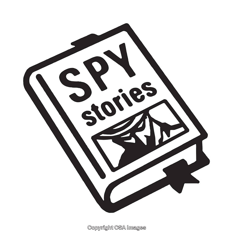 Black and White Line Art of a Book Cover Titled 'Spy Stories'