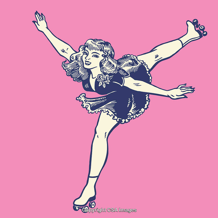 Vintage Line Art Illustration of a Roller Skating Woman on a Pink Background