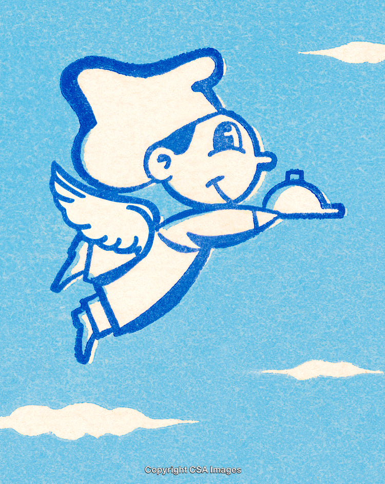 Whimsical Flying Chef Illustration with Angel Wings in Blue Sky