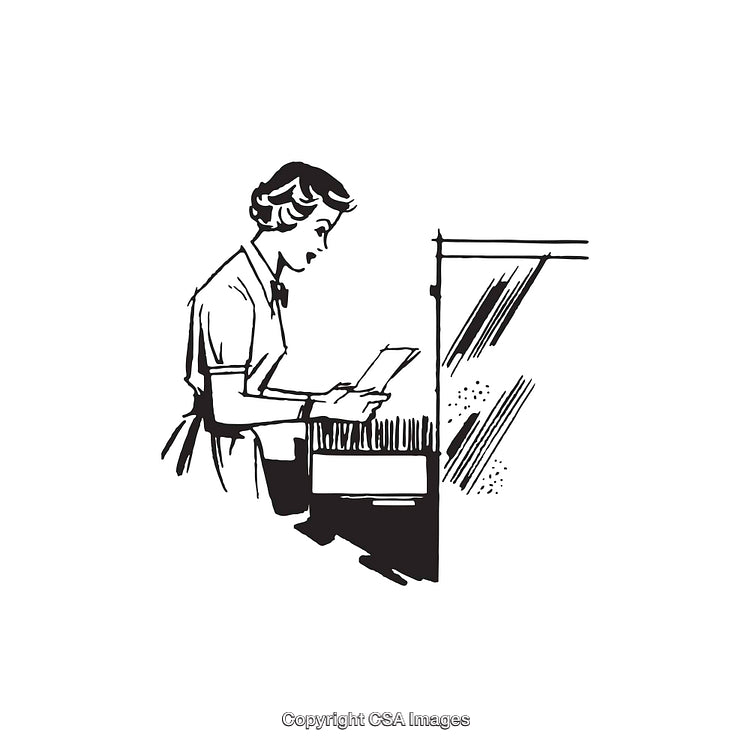 Retro Illustration of a Woman Filing Papers in an Office
