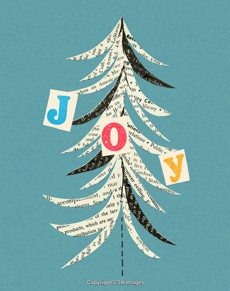 Festive Collage Christmas Tree with Newspaper Cutouts on Blue Background