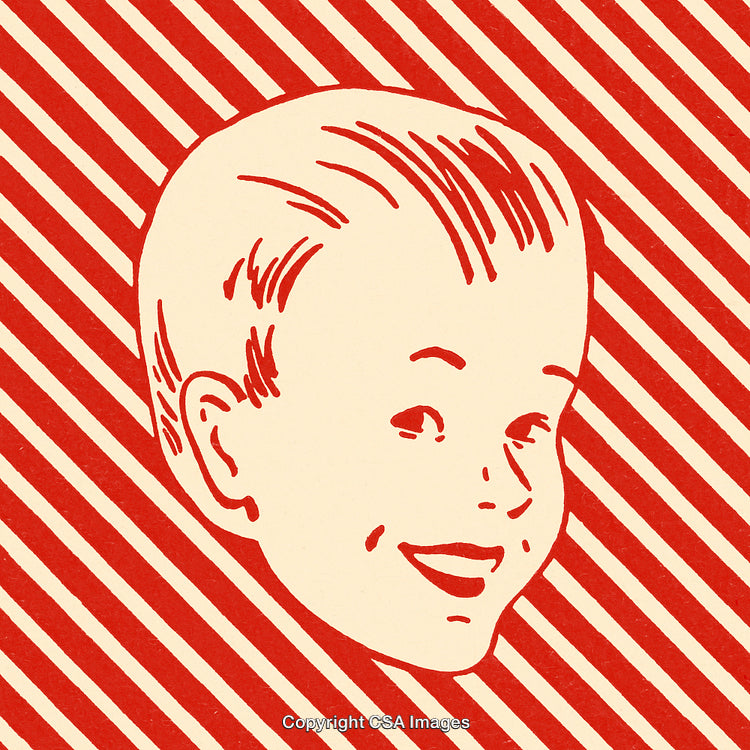 Vintage Illustration of a Smiling Child On Red Striped Background