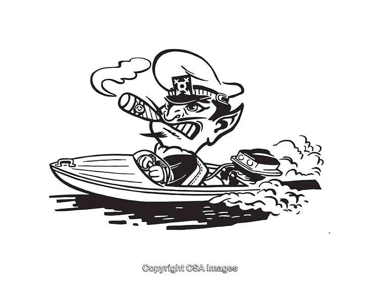 Retro Pirate Cartoon Illustration of a Smoking Captain in a Speedboat