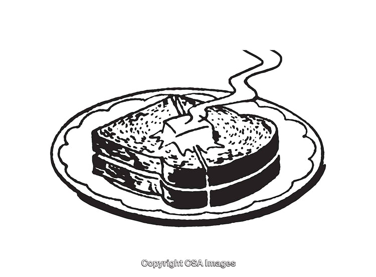 Black and White Line Art of Toast with Butter on Plate