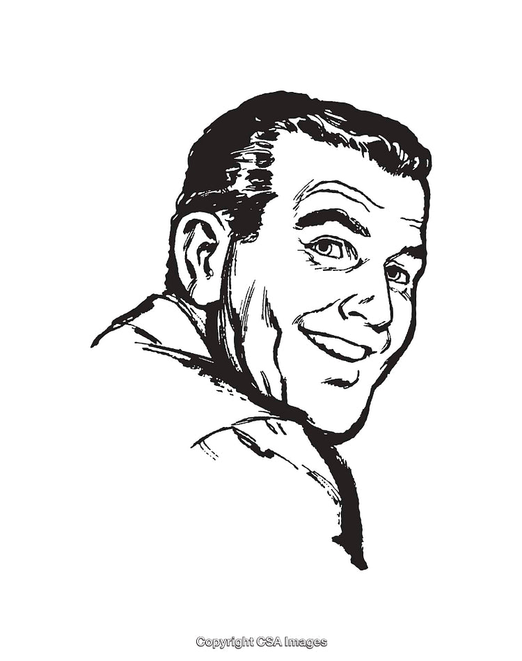 Retro Line Art of a Smiling Man in Black and White