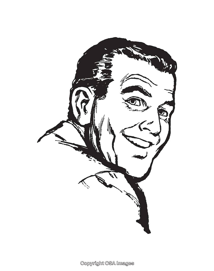 Retro Line Art of a Smiling Man in Black and White