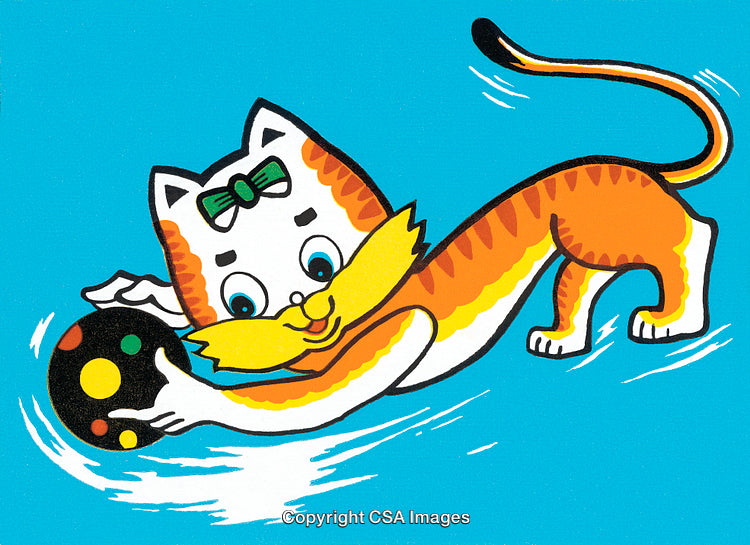 Illustration of a Playful Cat Chasing a Colorful Ball on a Blue Background