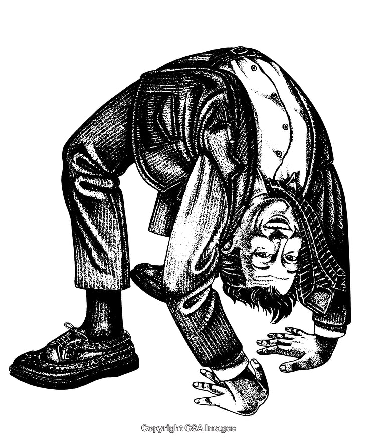 Black and White Engraving of a Person Posing in a Unique Posture