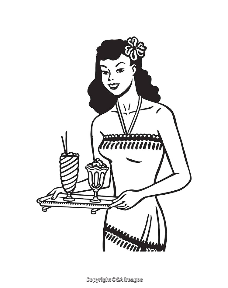 Retro Line Art of Woman Serving Drinks with a Flower in Her Hair