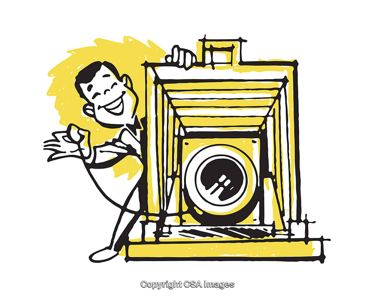 Playful Cartoon Illustration of a Man With a Vintage Camera