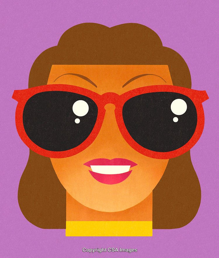 Stylized Illustration of a Woman Wearing Large Red Glasses on a Purple Background