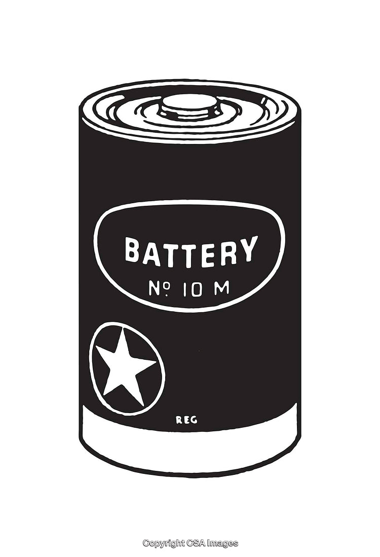 Black and White Line Art Illustration of a Vintage Battery Design