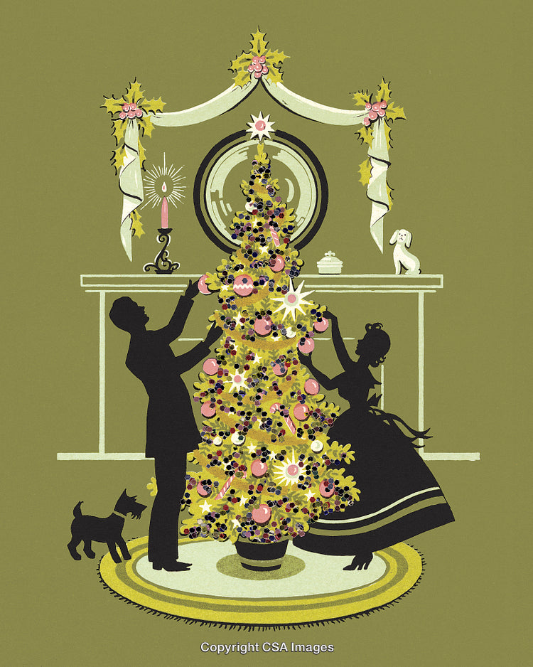 Silhouettes Decorating a Festive Christmas Tree in a Cozy Living Room