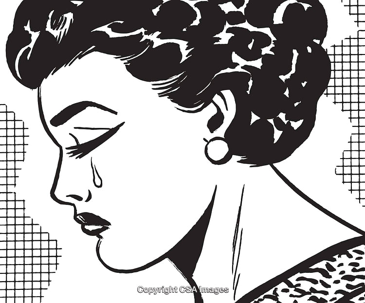 Retro Black and White Illustration of a Sad Woman Crying
