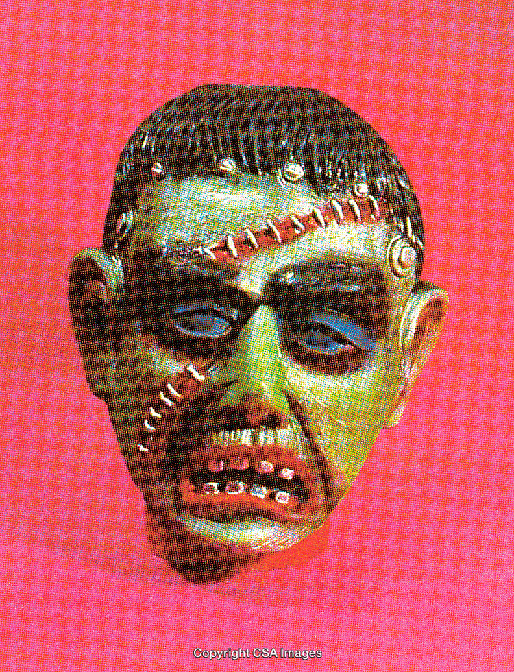 Stylized Mask Depiction of a Creepy Character on a Pink Background