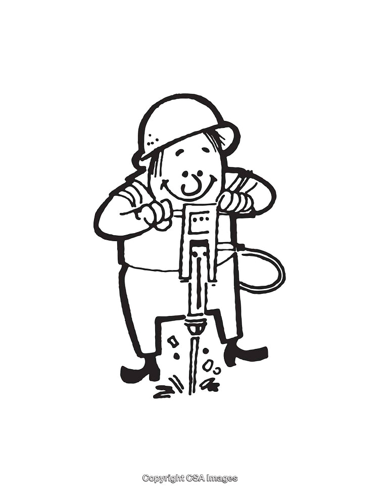 Cartoon Worker Using Jackhammer in Black and White Line Art