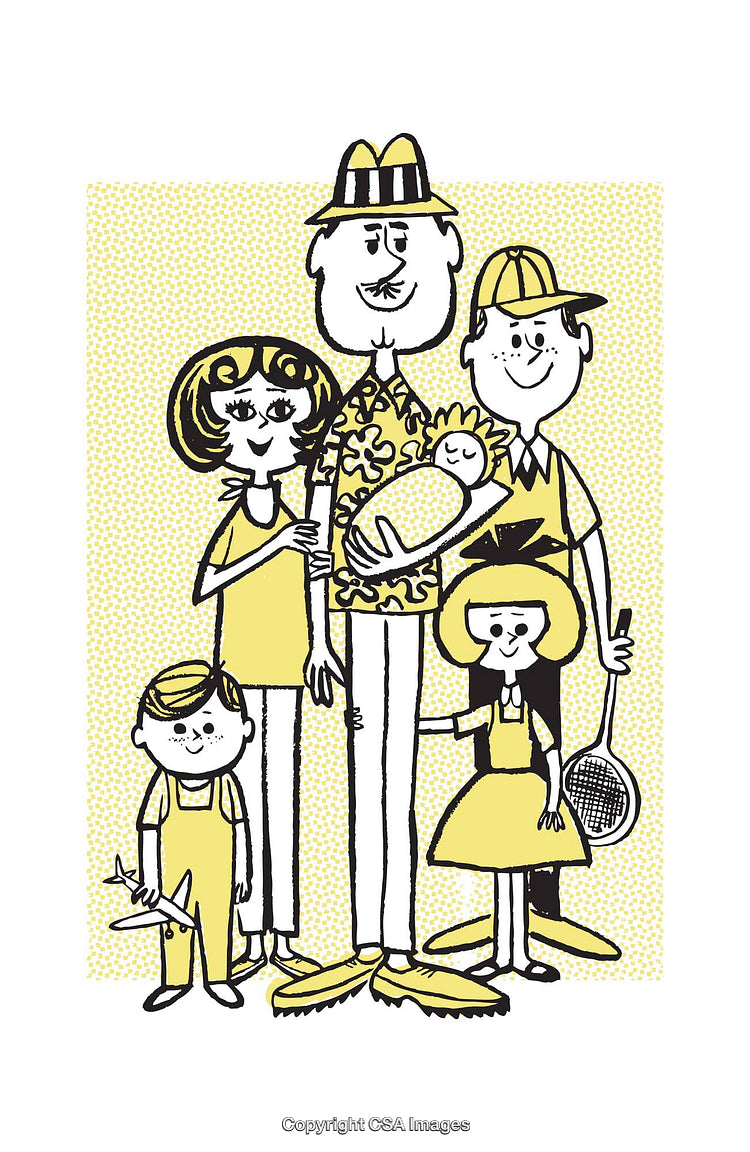 Retro Style Illustration of Happy Family with Children and Baby
