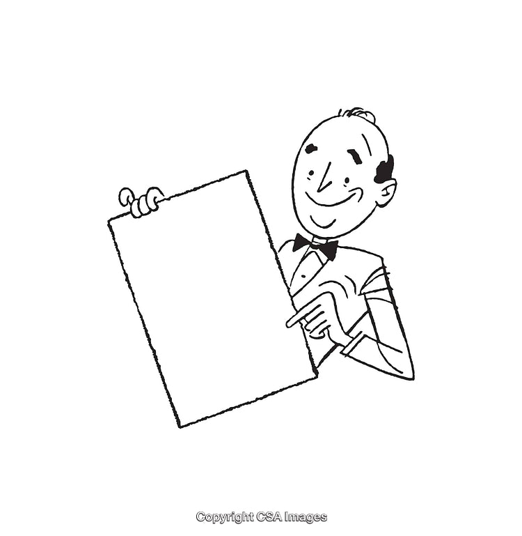 Retro Black and White Line Drawing of a Smiling Gentleman Holding a Blank Sign