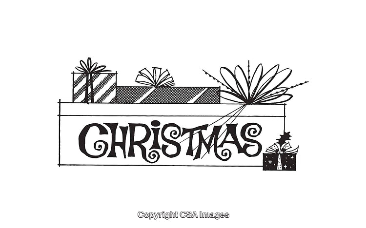Black and White Christmas Gift Illustration Featuring Festive Decorations