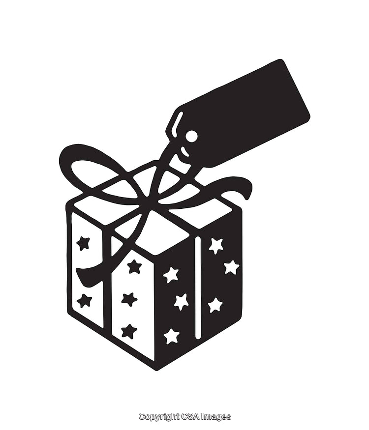 Black and White Gift Box Illustration with Ribbon and Tag