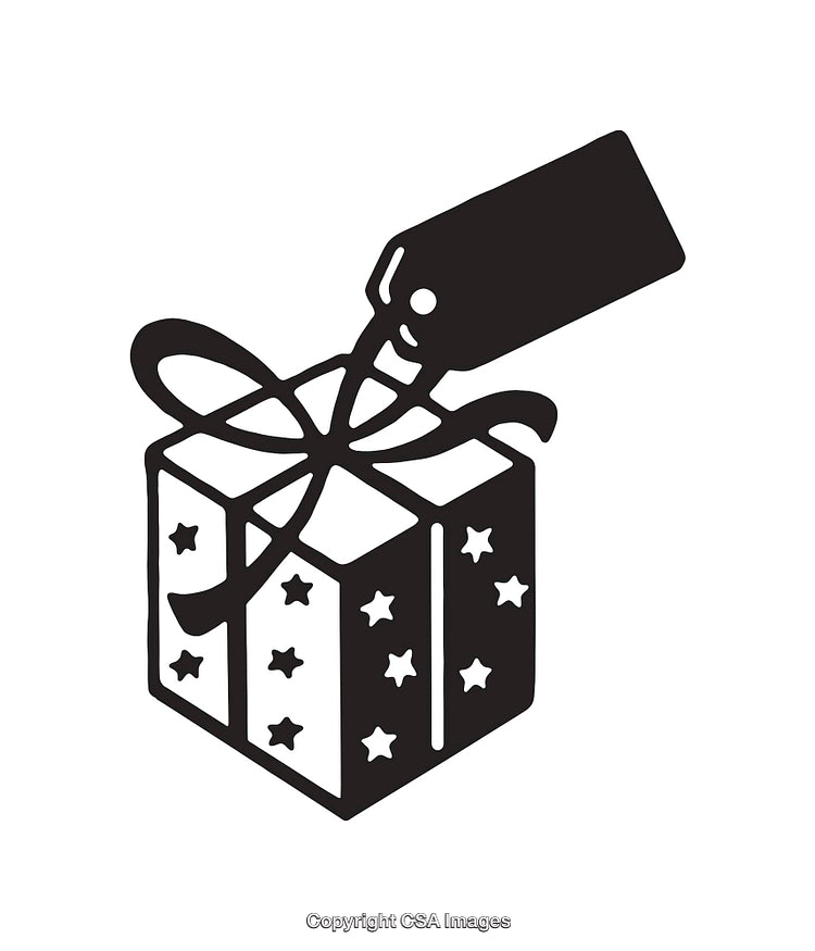 Black and White Gift Box Illustration with Ribbon and Tag