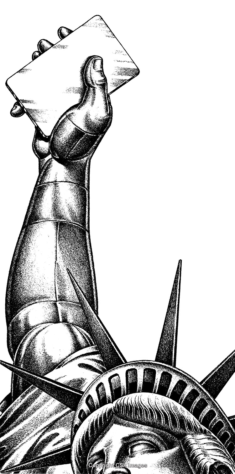 Engraved Statue of Liberty Design Highlighting Tablet and Crown in Black and White