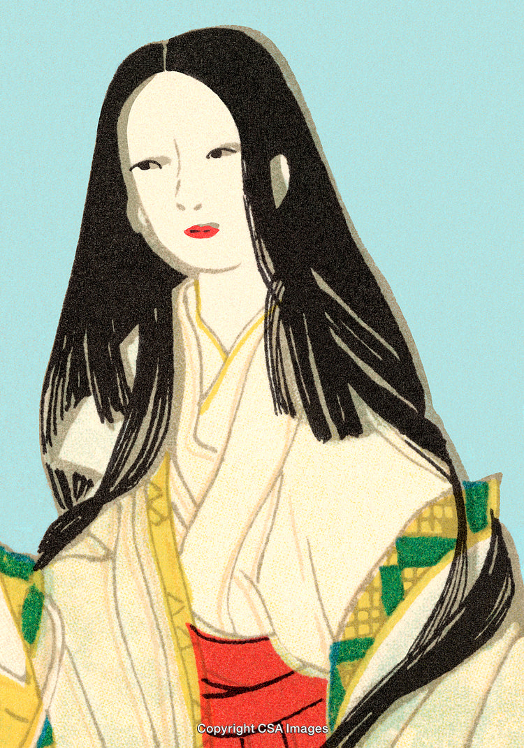 Elegant Illustration of a Woman in Traditional Garb Against a Soft Blue Background