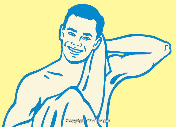 Clean Blue Line Art of Smiling Man Drying Himself with Towel