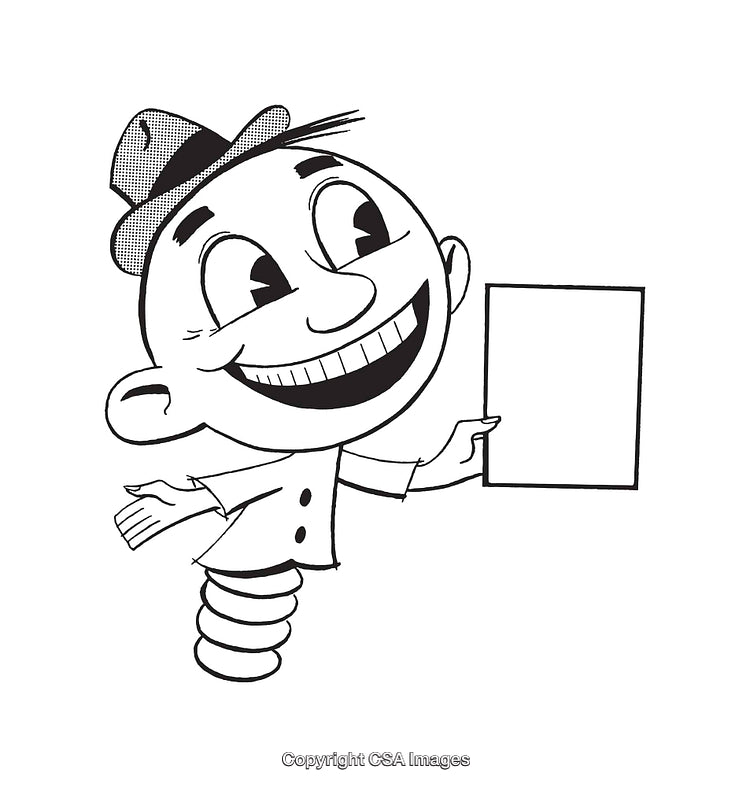 Retro Black and White Illustration of a Smiling Character Holding a Blank Sign