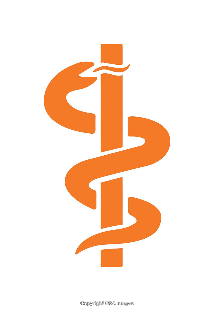 Minimalistic Orange Medical Icon Featuring a Rod and Serpent Design