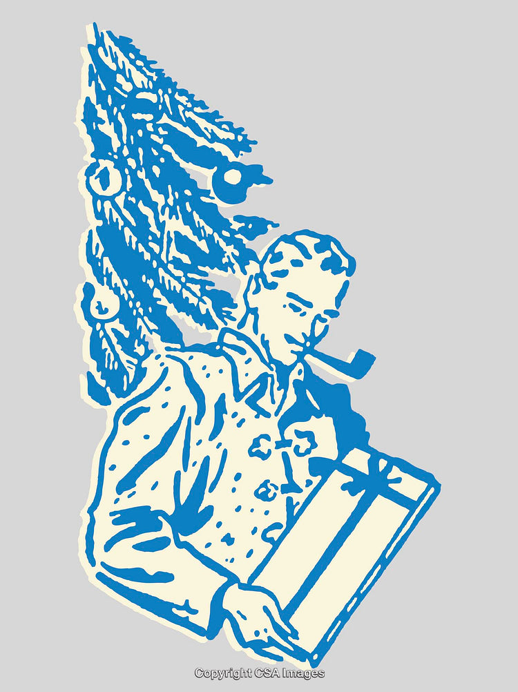 Blue Line Art Illustration of Man Holding Present and Christmas Tree