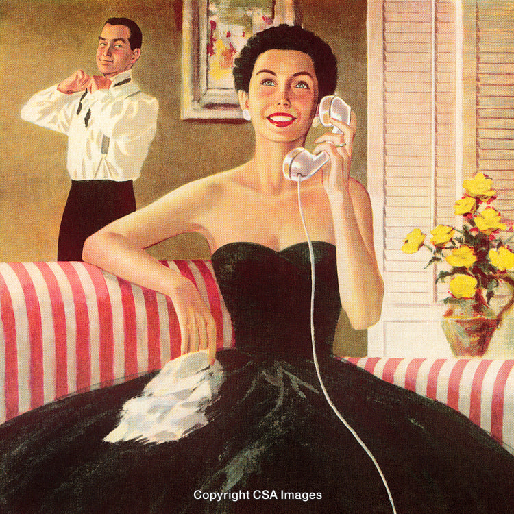 Elegant Evening Scene Featuring a Woman on Phone and Man Preparing
