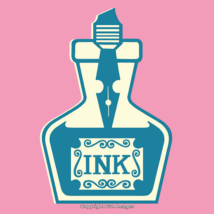 Colorful Line Art Illustration of a Vintage Ink Bottle on Pink Background