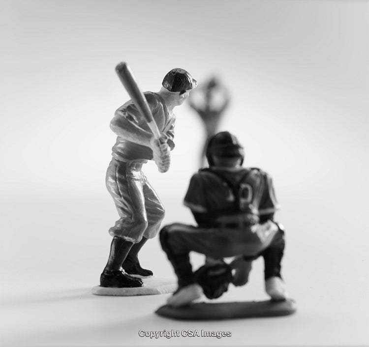 Monochrome Shot of Toy Figures in a Baseball Scene