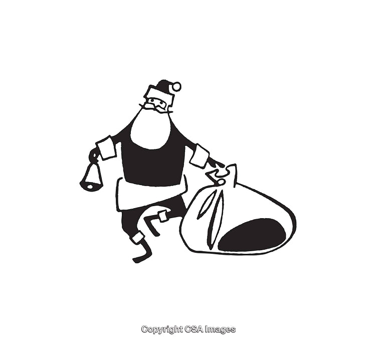 Black and White Illustration of Santa with Sack and Bell