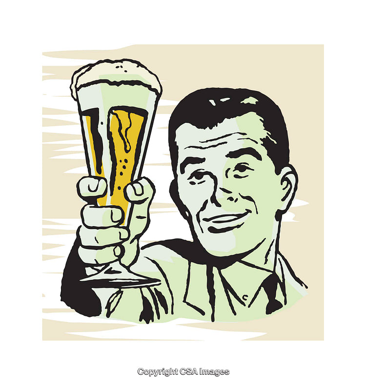 Retro Styled Illustration of Man Holding a Glass of Beer in Cheers