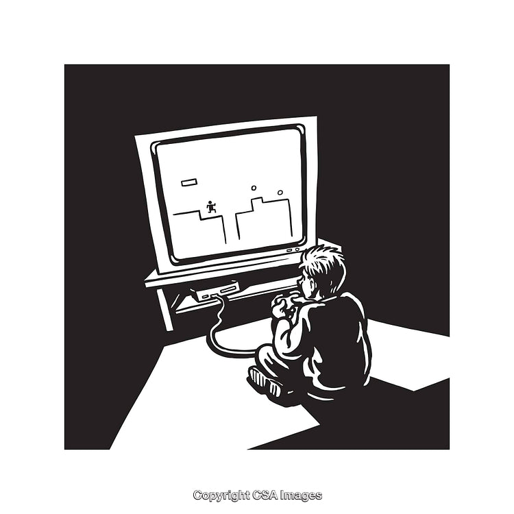 Retro Gamer Playing on a Classic Console in Black and White Art