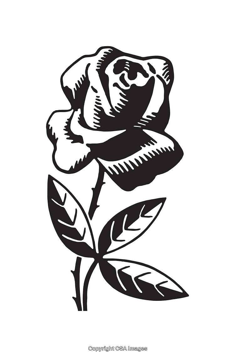 Elegant Black and White Line Art of a Rose Bloom with Leaves