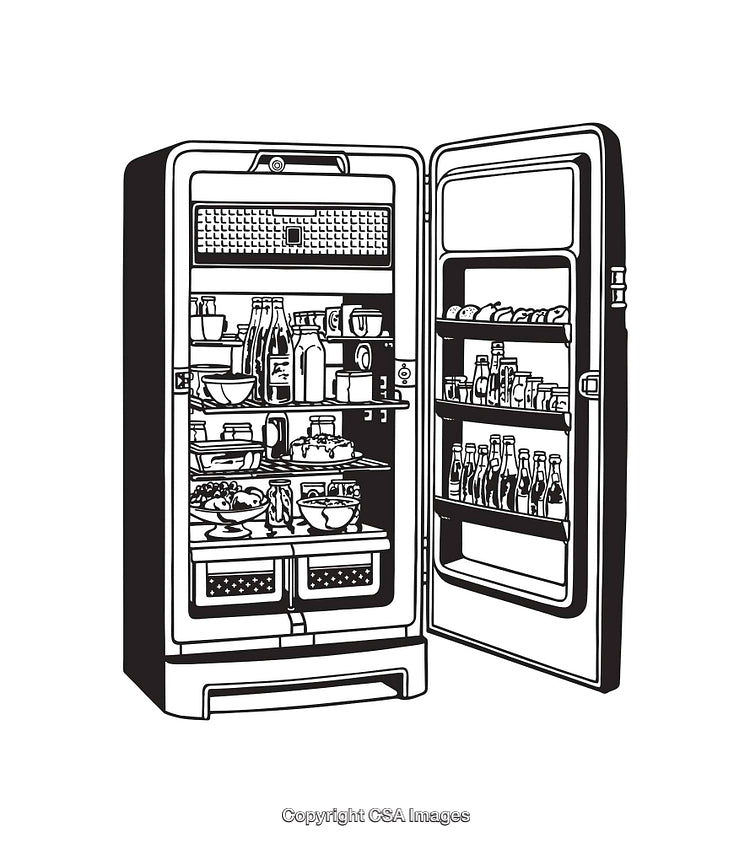 Open Refrigerator Filled With Various Groceries and Bottles in Black and White Illustration